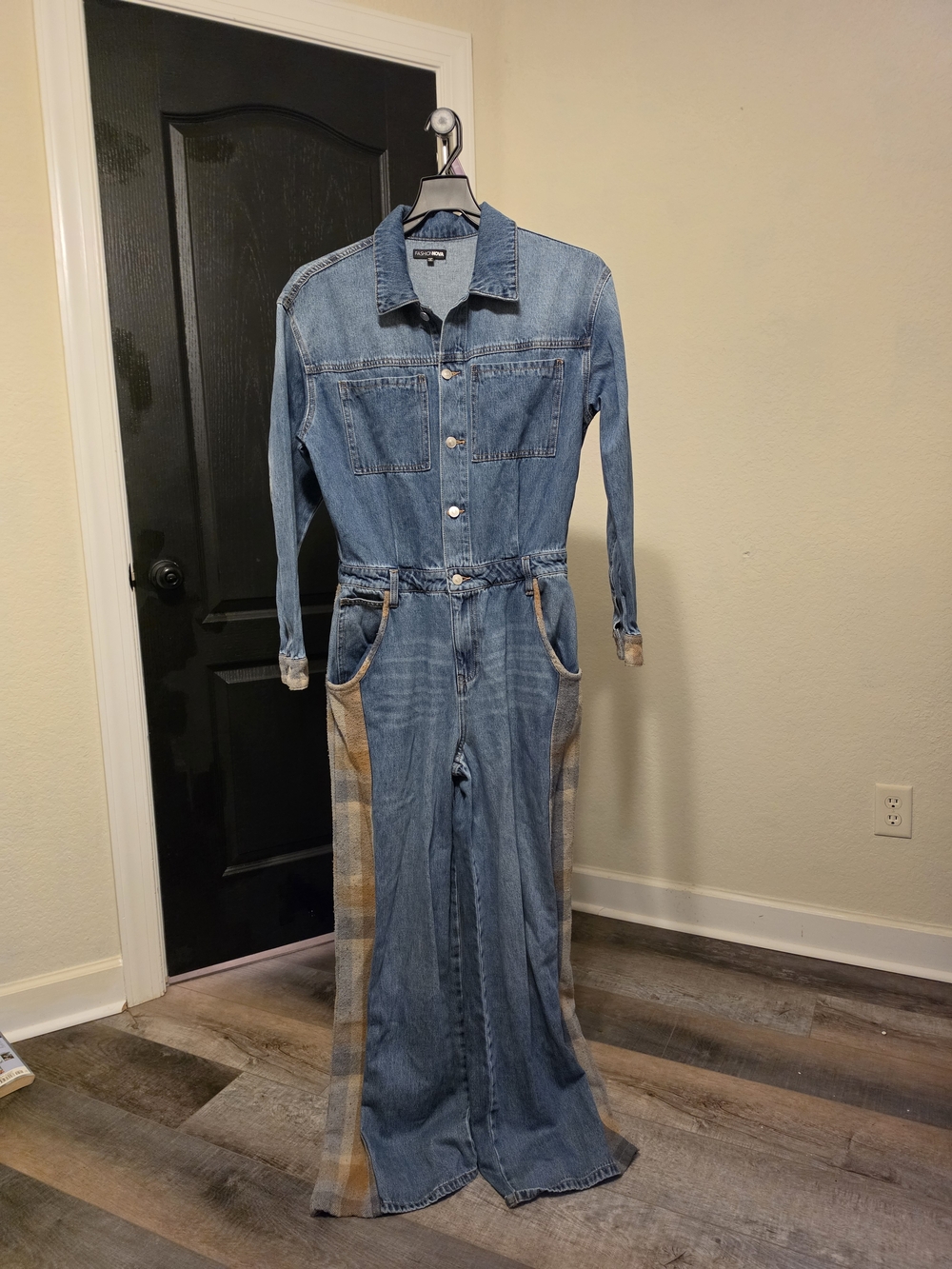 Fashion Nova Denim Jumpsuit with Plaid Side Panels - Blue
